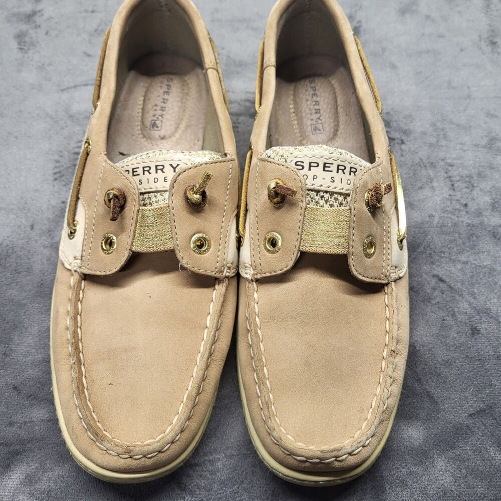 Womens Sperry Top-Sider Sz 7.5M Beige Boat Loafer Flat Shoes Gold Houndstooth